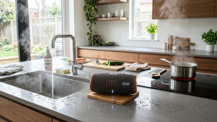 Vandtæt Bluetooth højttaler placeret på køkkenbord ved opvaskekummen, designet til fugt og varme