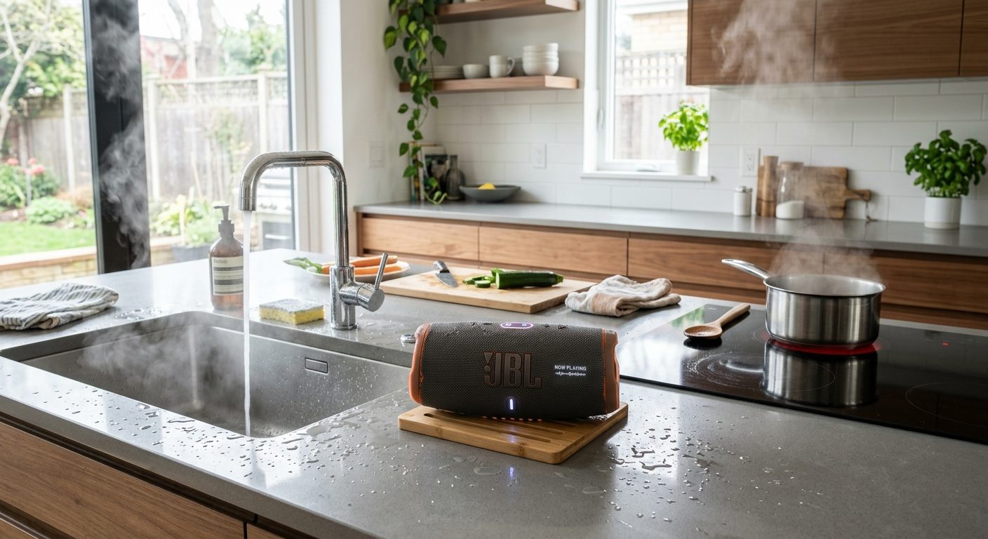 Vandtæt Bluetooth højttaler placeret på køkkenbord ved opvaskekummen, designet til fugt og varme