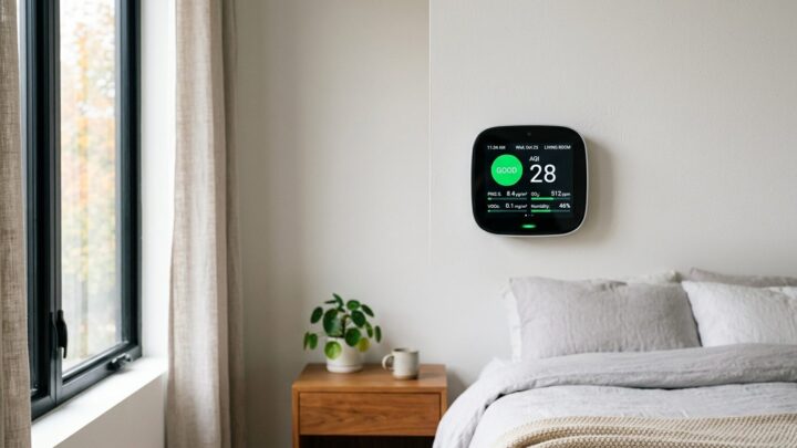 Digital indeklimamåler viser luftkvalitet på soveværelses væg med naturligt lys