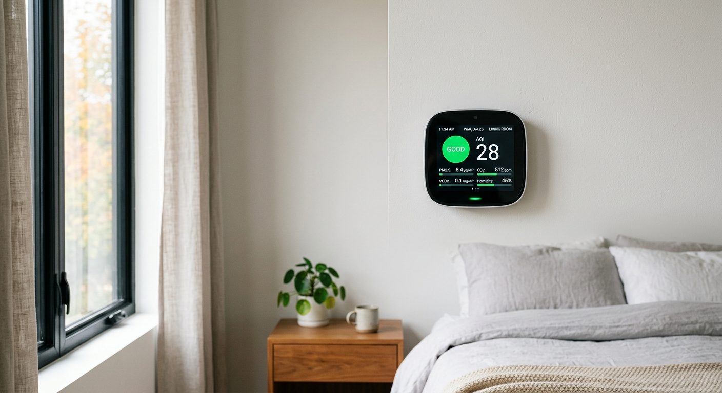 Digital indeklimamåler viser luftkvalitet på soveværelses væg med naturligt lys