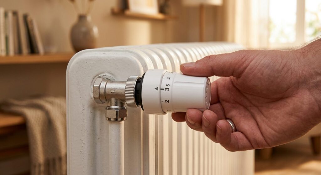 Termostatstyret radiatorventil påsat en hvid radiator med hånd der justerer temperaturindstillingen