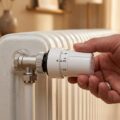 Termostatstyret radiatorventil påsat en hvid radiator med hånd der justerer temperaturindstillingen