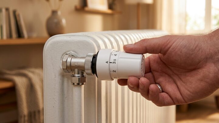 Termostatstyret radiatorventil påsat en hvid radiator med hånd der justerer temperaturindstillingen
