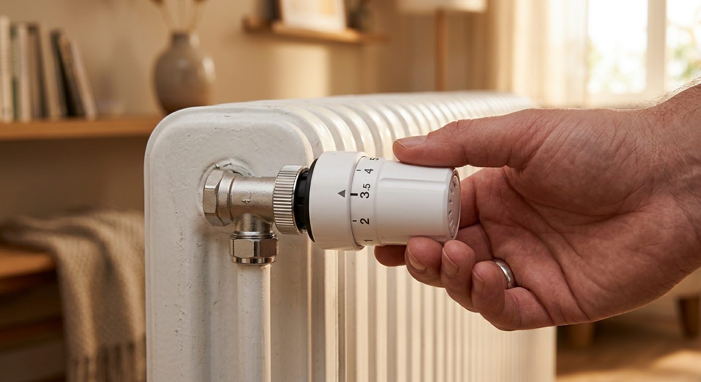 Termostatstyret radiatorventil påsat en hvid radiator med hånd der justerer temperaturindstillingen