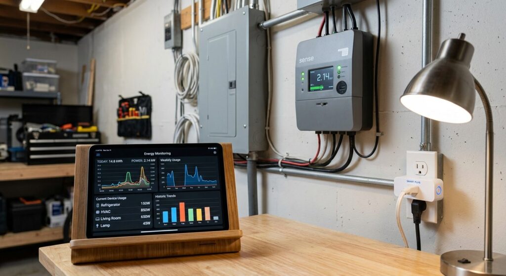 Smart home energiovervågning med effektmåler og smart pluds, der viser energiforbrug på tablet