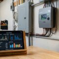 Smart home energiovervågning med effektmåler og smart pluds, der viser energiforbrug på tablet