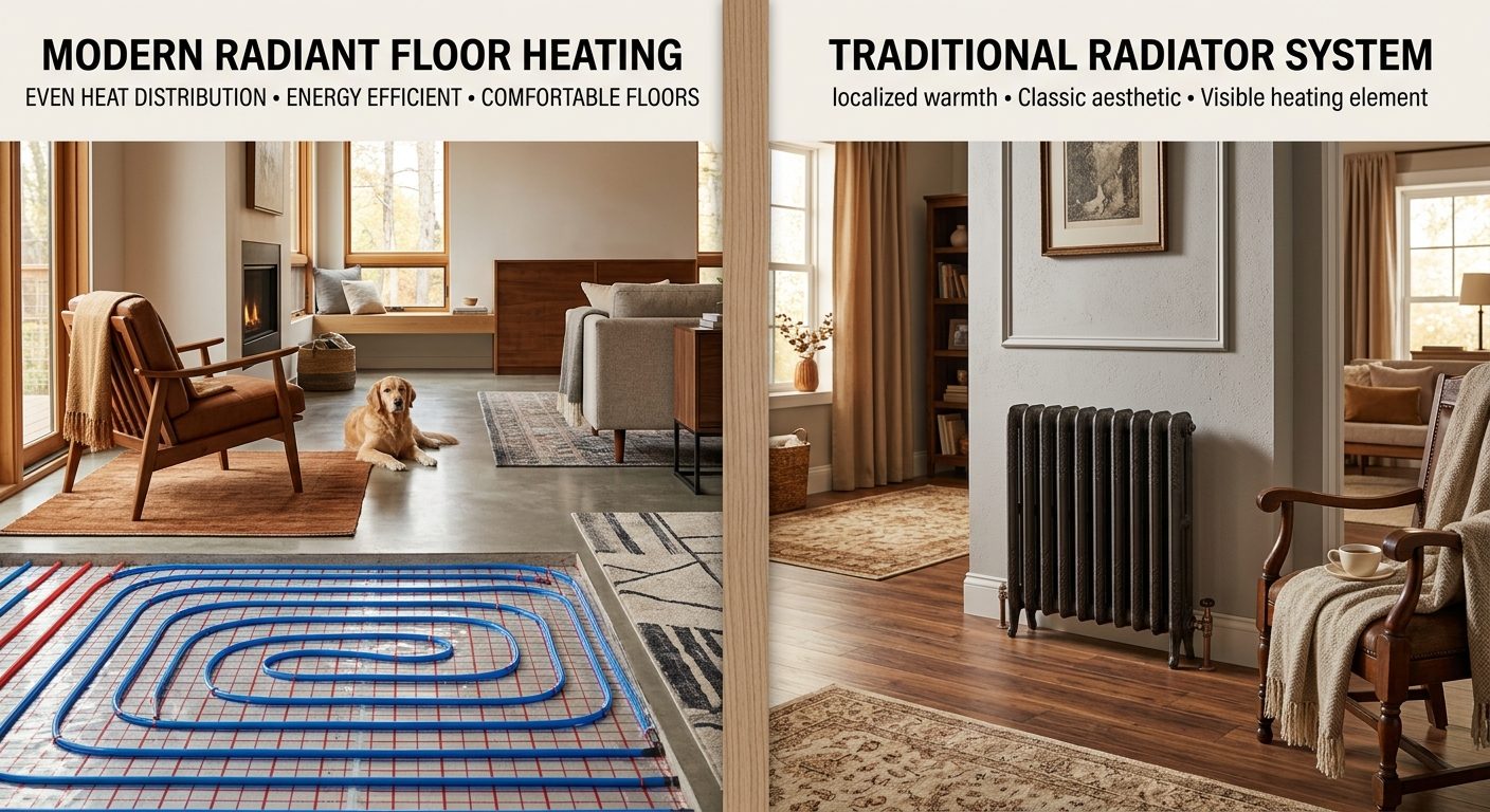Sammenligning af gulvvarmesystem og traditionel radiator i moderne bolig
