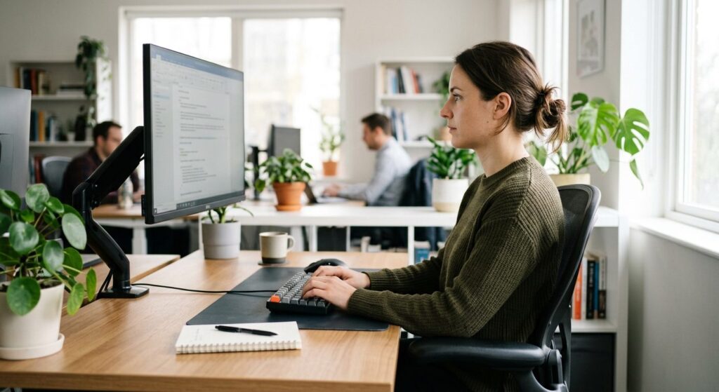 Person sidder korrekt ved arbejdsbord med monitor i øjehøjde for optimal ergonomi