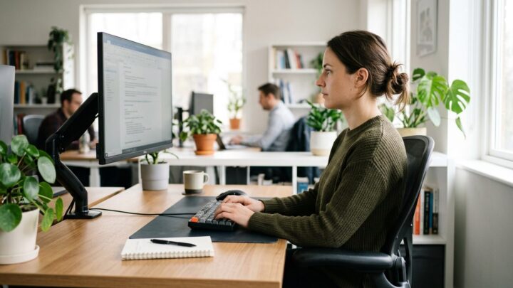 Person sidder korrekt ved arbejdsbord med monitor i øjehøjde for optimal ergonomi