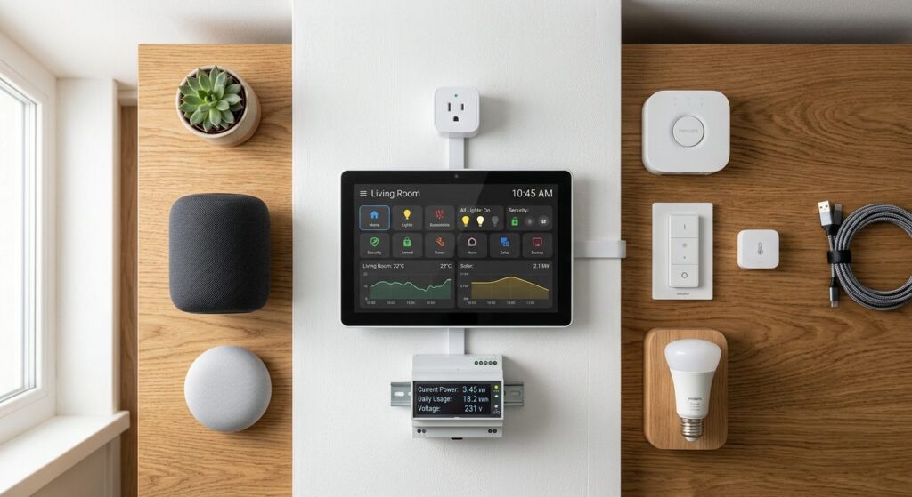 Smart home-enheder forbundet til en strømmåler som viser standby-forbrug
