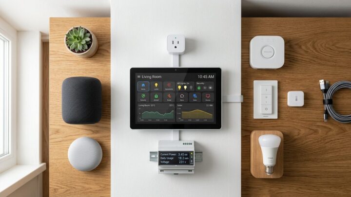 Smart home-enheder forbundet til en strømmåler som viser standby-forbrug