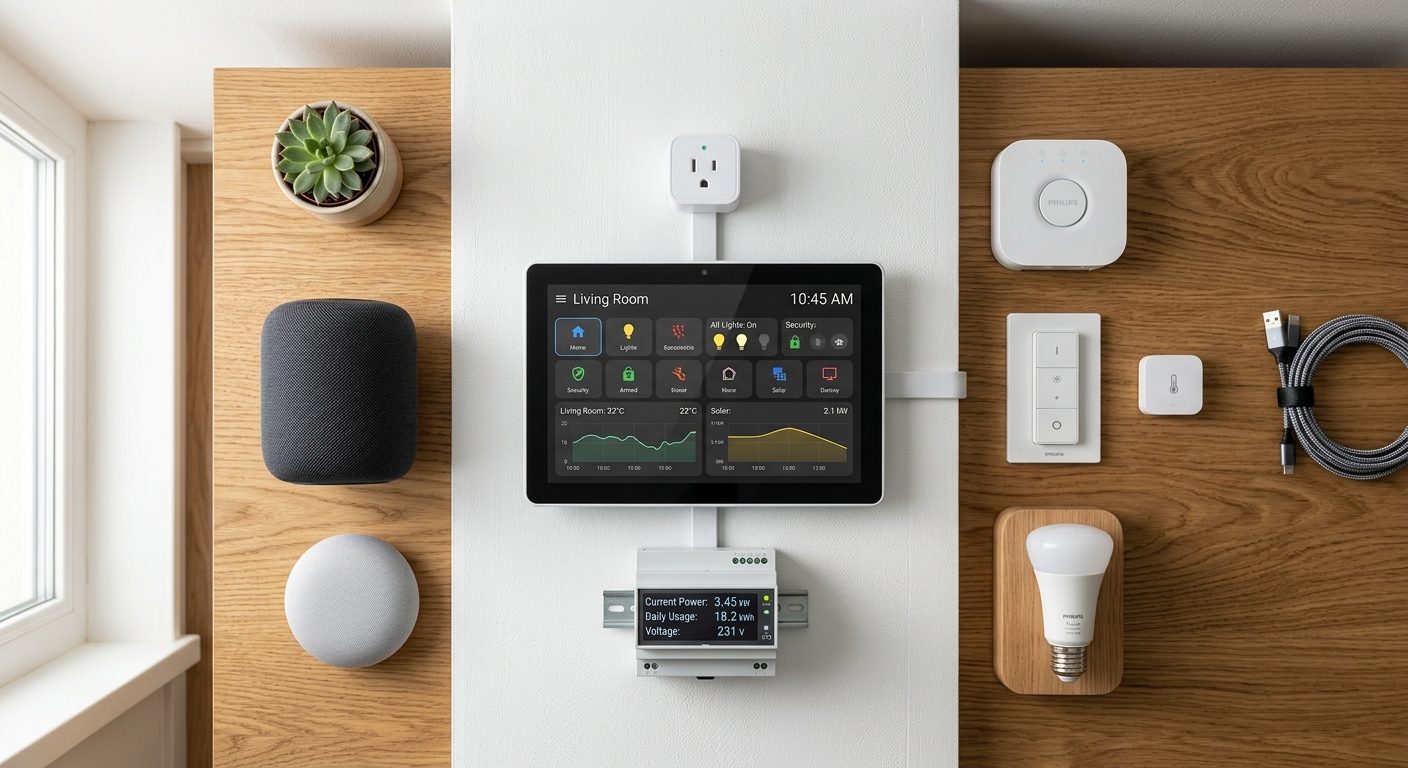 Smart home-enheder forbundet til en strømmåler som viser standby-forbrug