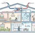 Skematisk tegning af varmegenindvindingssystem i moderne hus med luftstrømme markeret
