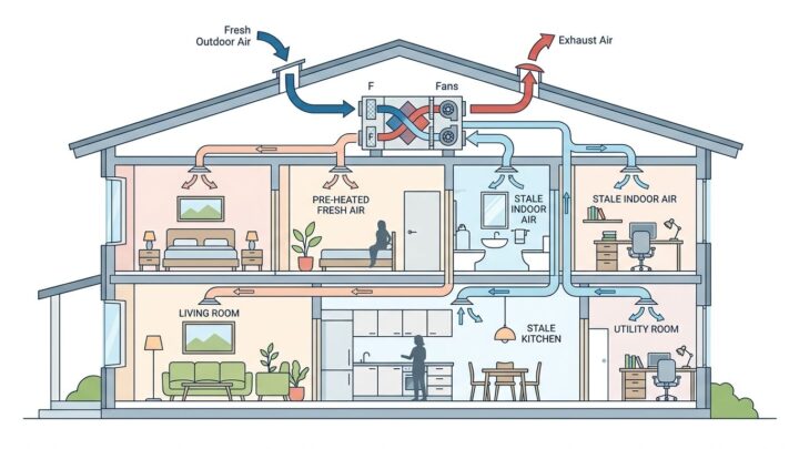 Skematisk tegning af varmegenindvindingssystem i moderne hus med luftstrømme markeret