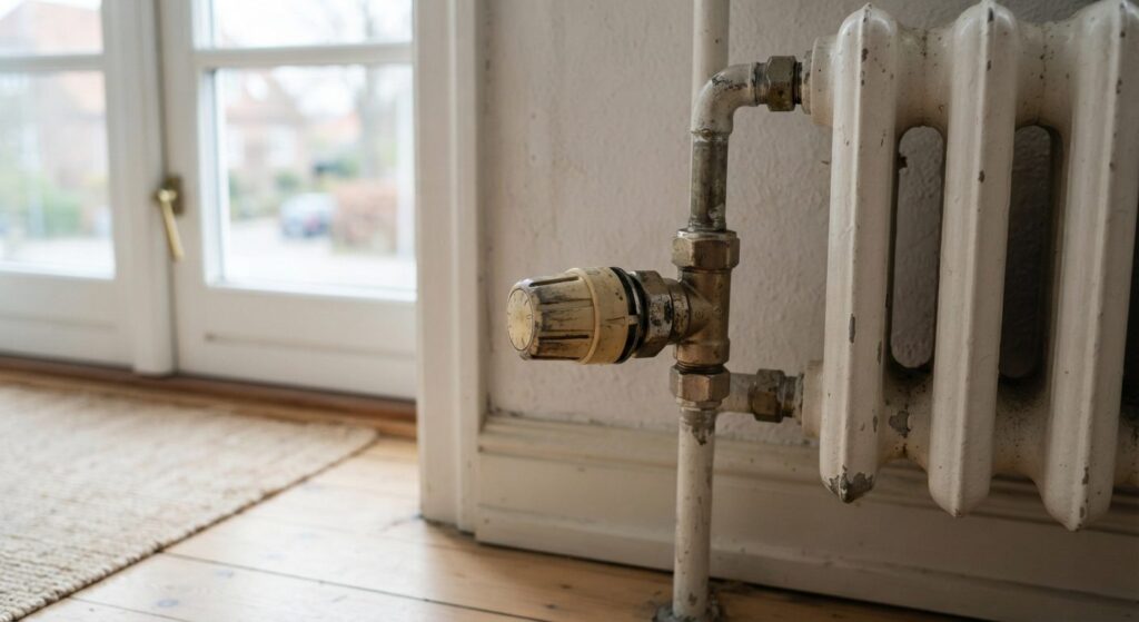 Gammel radiatorventil på en hvid radiator i et dansk hjem