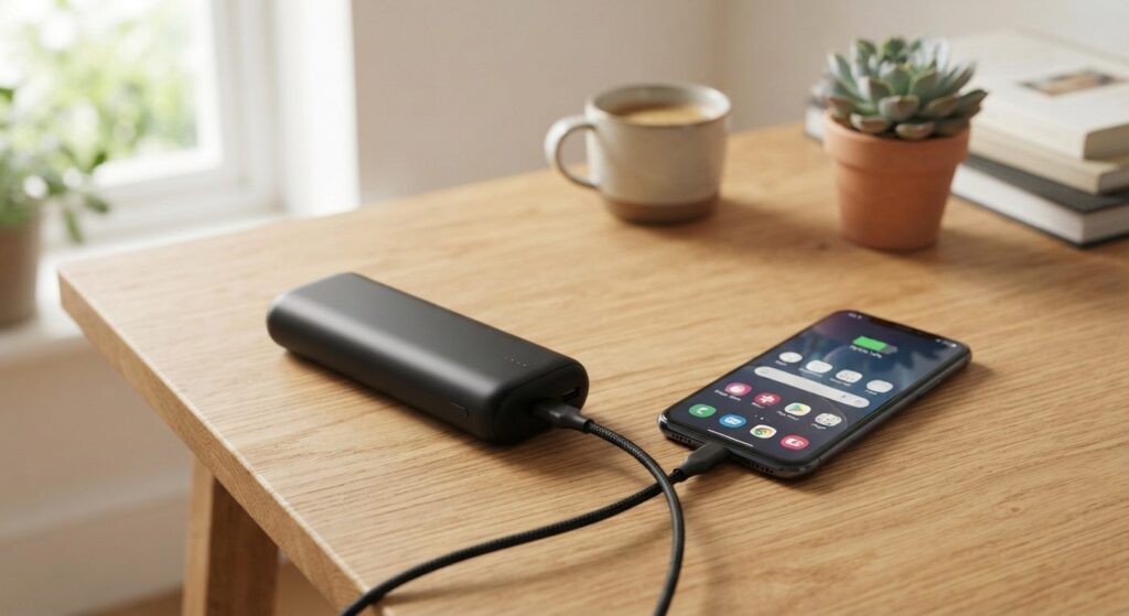 Powerbank der oplader en smartphone på et skrivebord, illustrerer valg af powerbank mAh