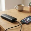 Powerbank der oplader en smartphone på et skrivebord, illustrerer valg af powerbank mAh