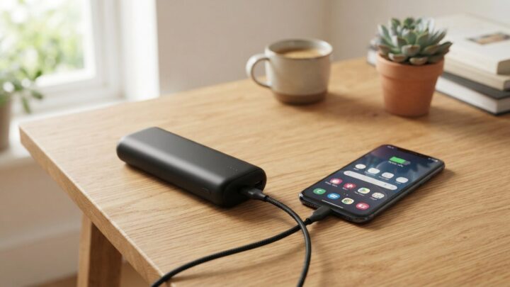 Powerbank der oplader en smartphone på et skrivebord, illustrerer valg af powerbank mAh