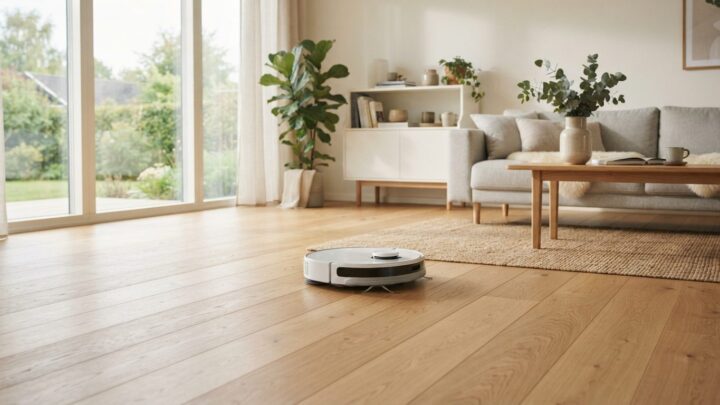 Robotstøvsuger kører på gulvet i et moderne dansk hjem