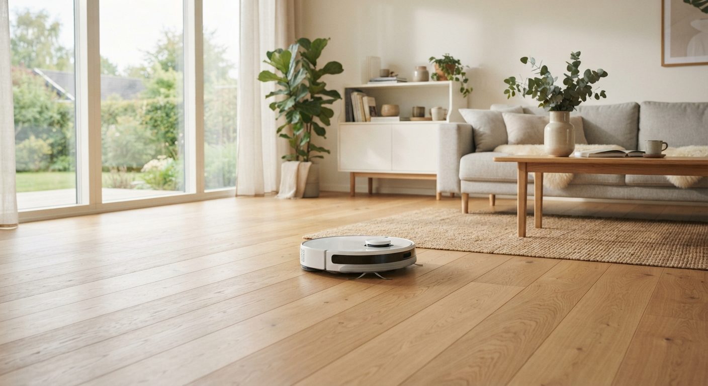 Robotstøvsuger kører på gulvet i et moderne dansk hjem