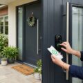 Smart lås monteret på moderne yderdør der betjenes med smartphone