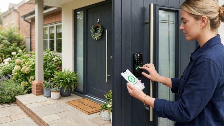 Smart lås monteret på moderne yderdør der betjenes med smartphone
