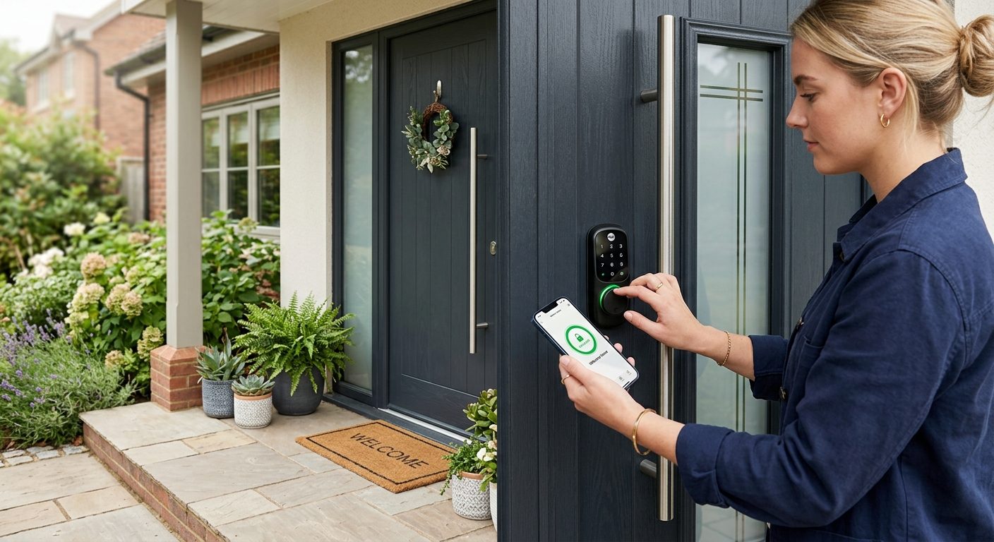 Smart lås monteret på moderne yderdør der betjenes med smartphone