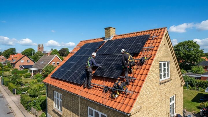 Solcellepaneler monteret på tag af et dansk parcelhus