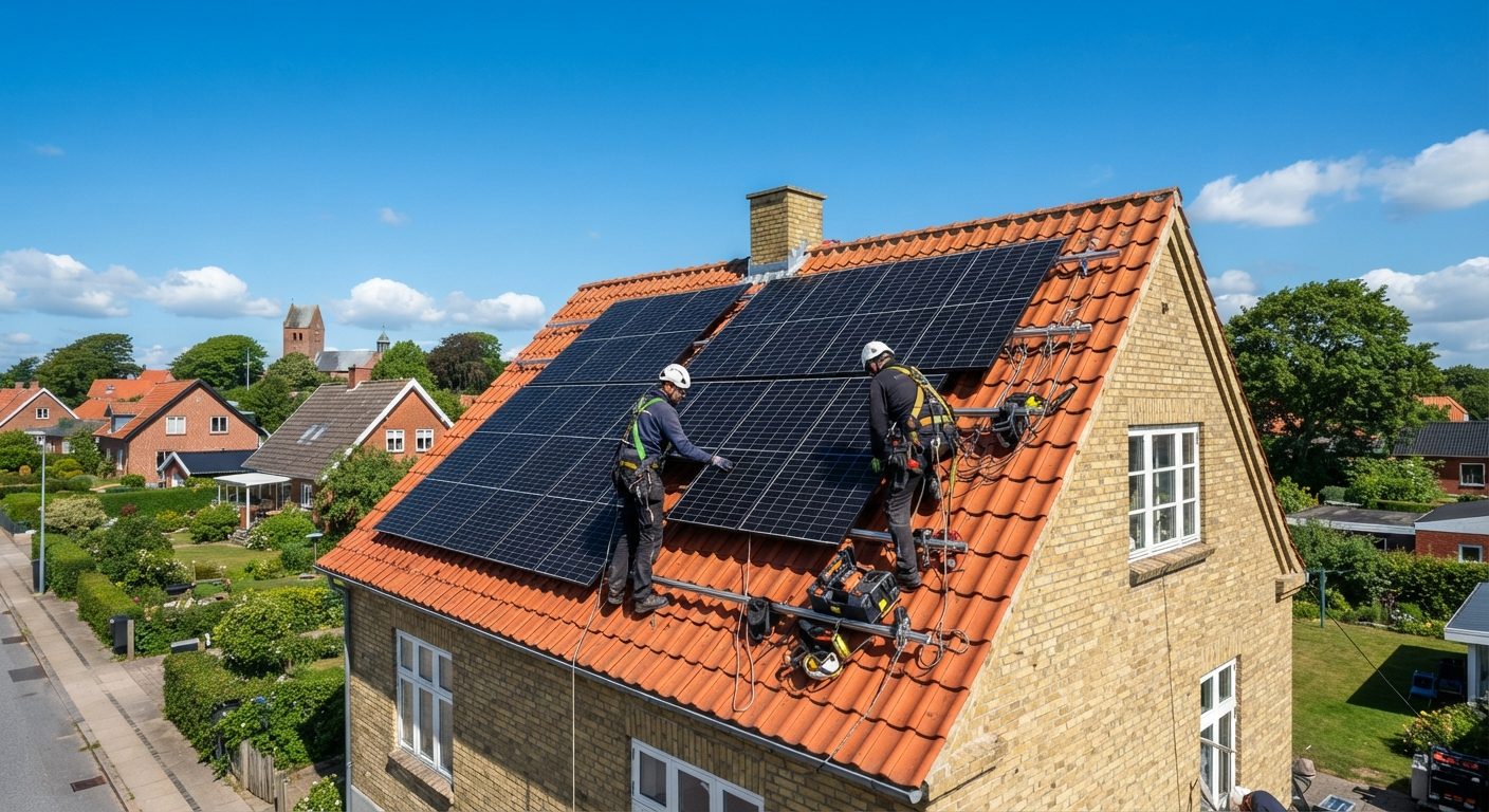 Solcellepaneler monteret på tag af et dansk parcelhus