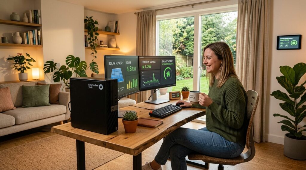 Sustainable smart home scene showing a refurbished desktop c