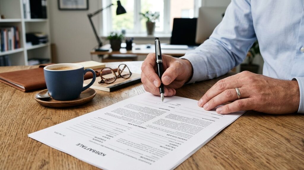 Close-up detailed shot of hands holding a pen over a Danish 