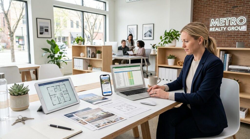 Wide-angle shot of a bright, modern real estate office with 