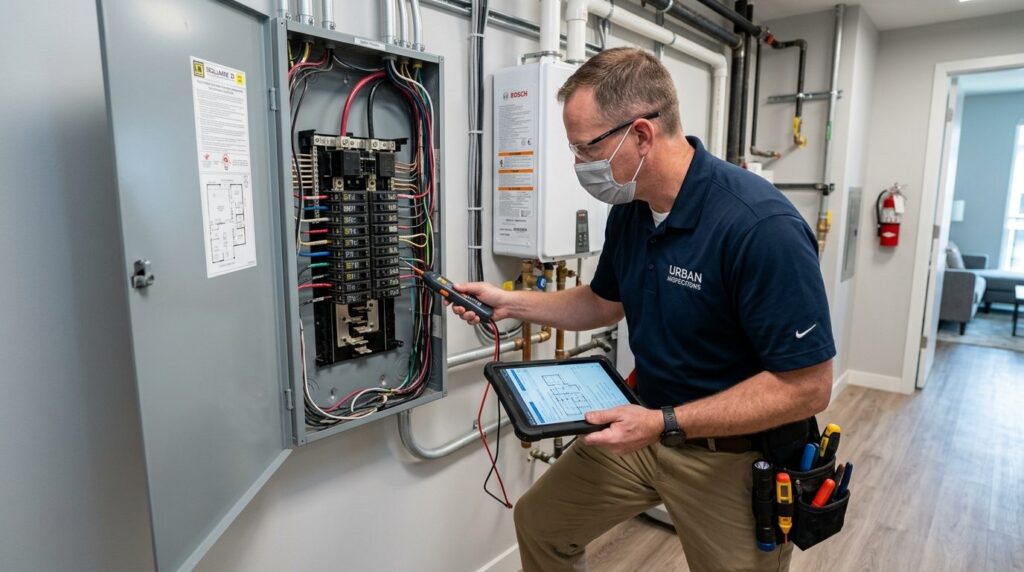 Modern apartment inspection scene: Property inspector or hom