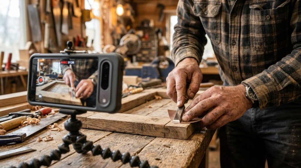 Close-up of a tradesmans hands demonstrating a renovation t