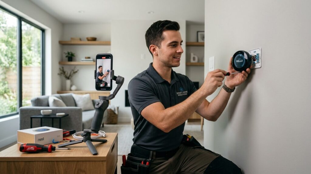 Smart home technician installing modern smart home device in