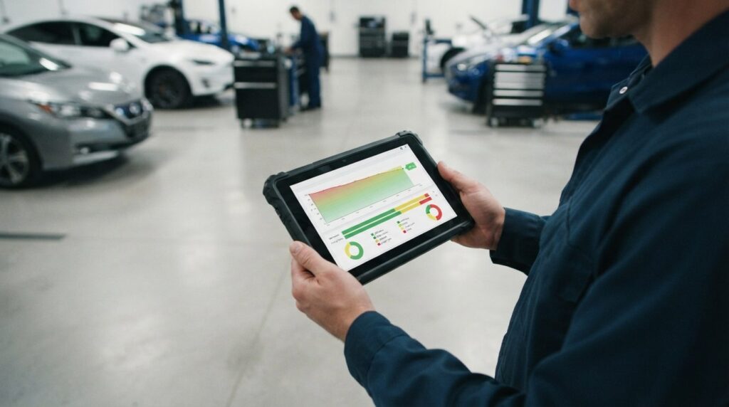 High angle view of used electric vehicle battery degradation