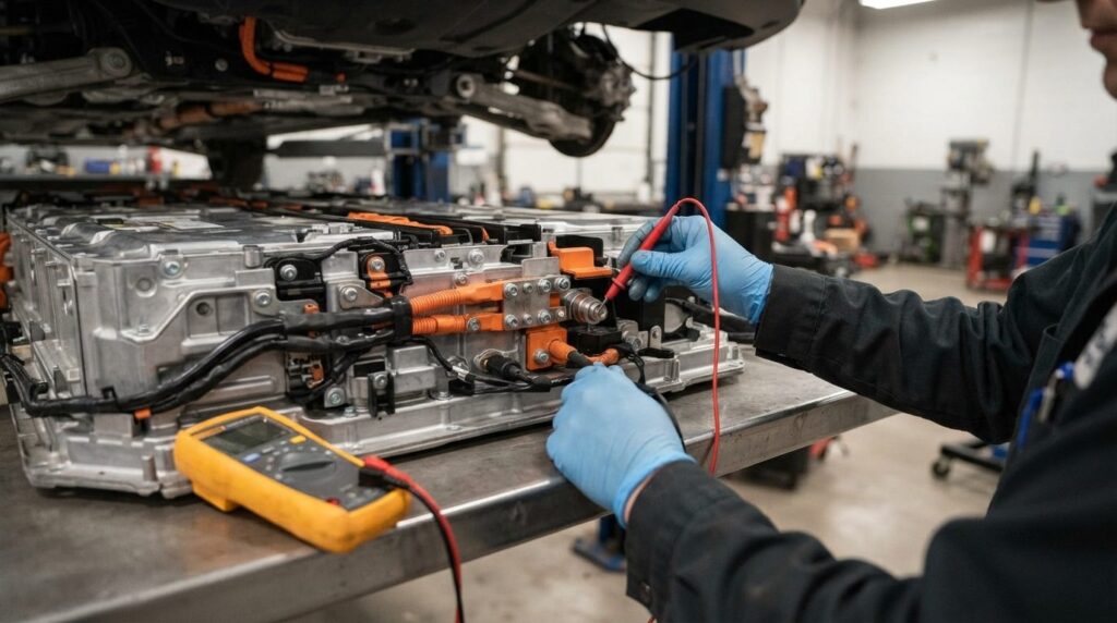 Close-up of electric car battery pack underside during inspe