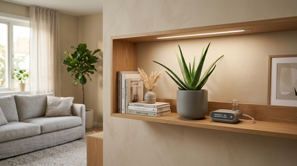 Smart home interior scene showing aloe vera plant integrated
