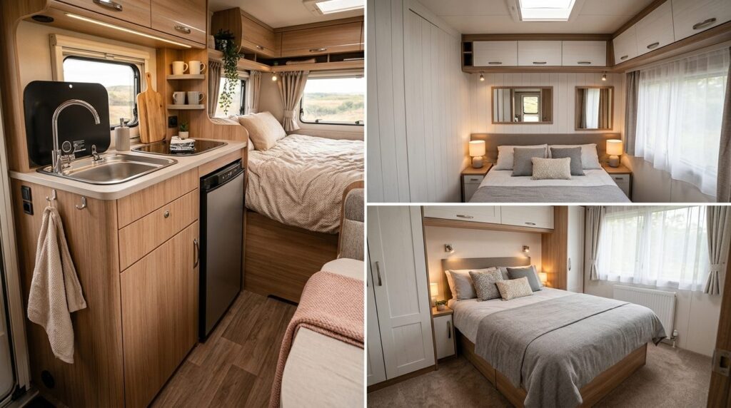 Close-up interior comparison shot showing a compact motorhom