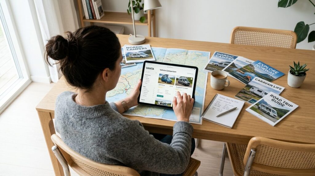 Overhead view of a person using a digital device to search a