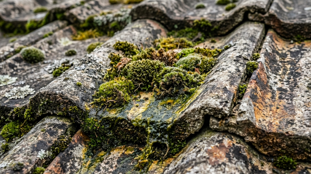 Close-up photorealistic shot of moss and algae growth on age