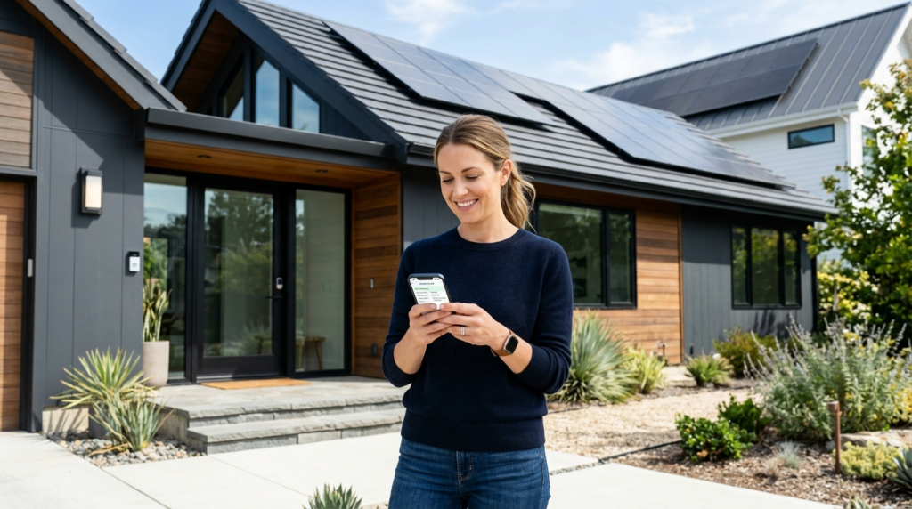Modern homeowner using smartphone app to monitor roof condit