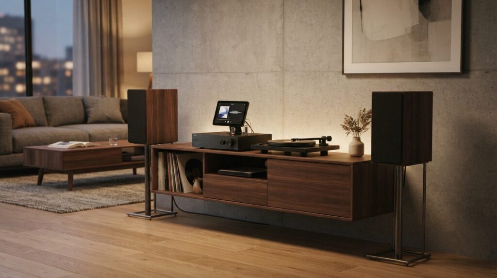 Modern home audio system setup in a contemporary living room