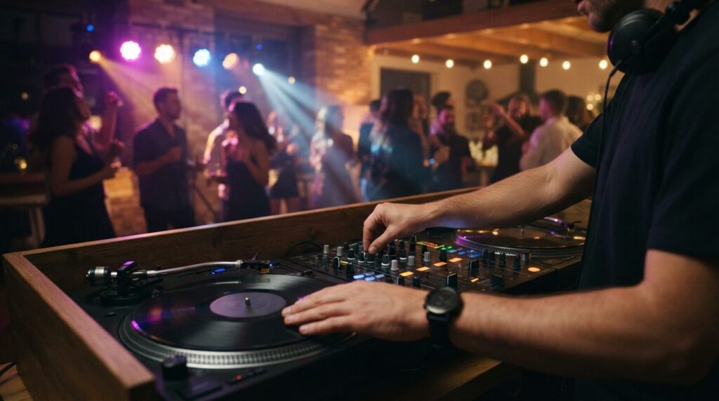 Close-up of professional DJ turntable and mixer equipment wi