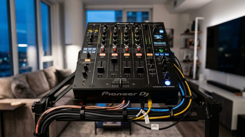 Close-up professional photograph of a DJ mixer control panel