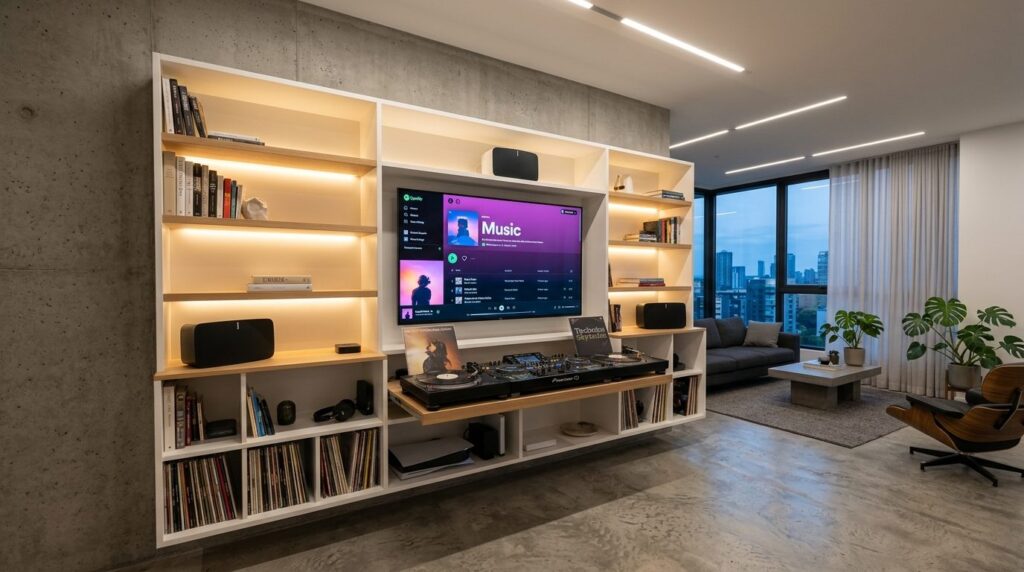 Wide shot of an integrated home entertainment system in a mo