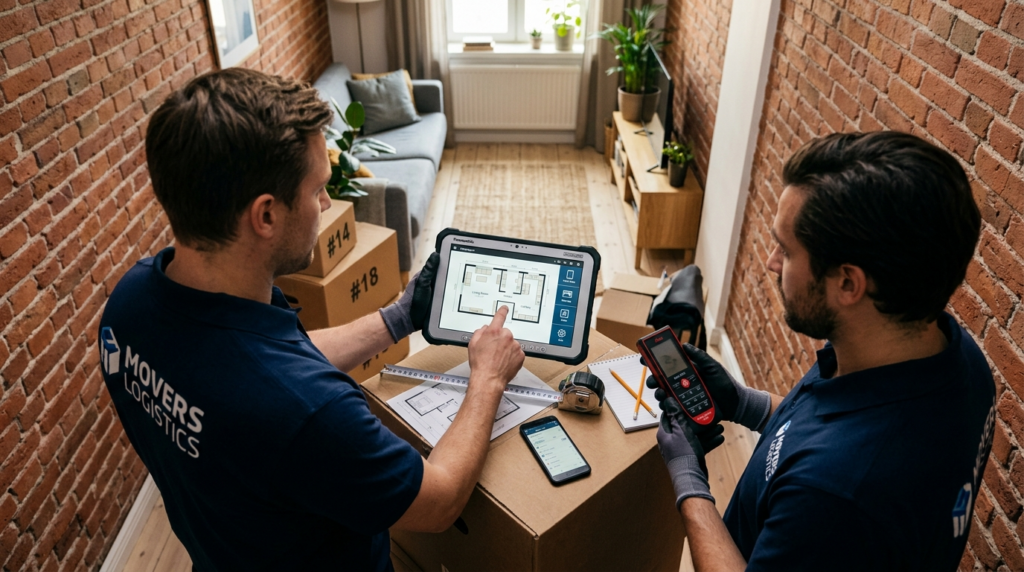 Close-up overhead view of professional movers using smart lo