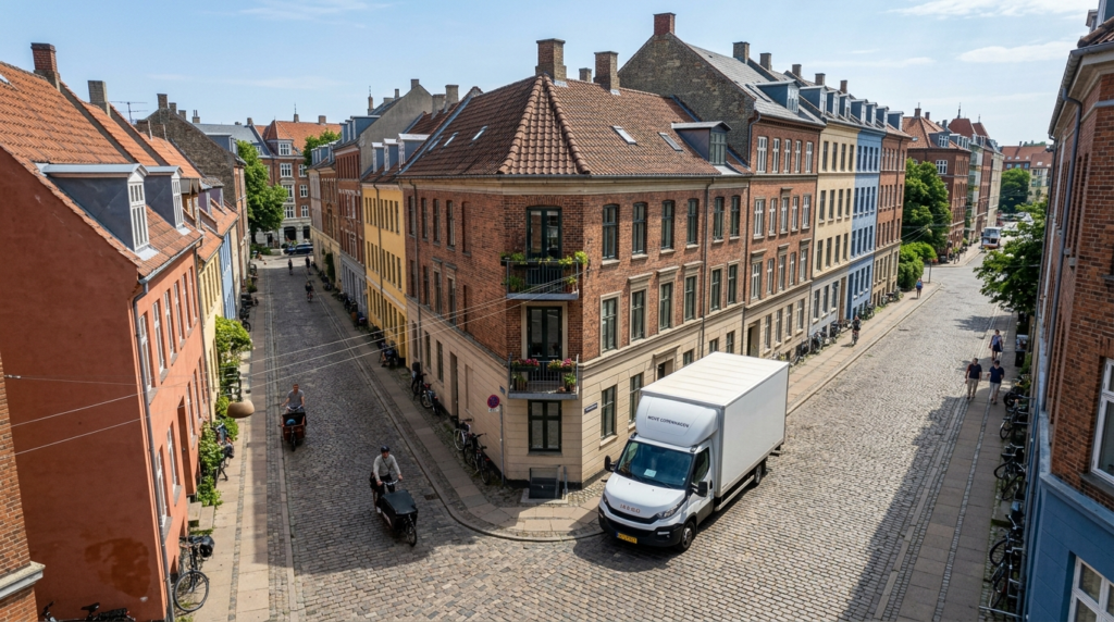 Drone perspective of narrow cobblestone street in historic C