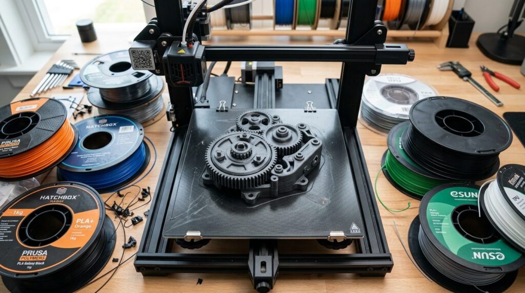Close-up overhead shot of a completed 3D printed object on a