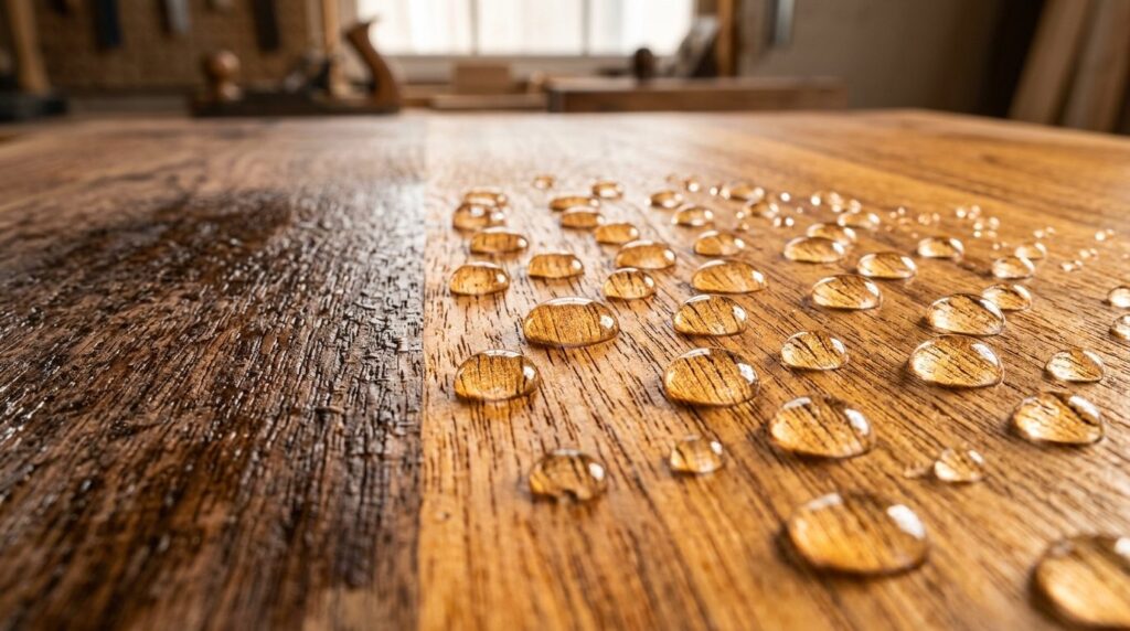 Close-up macro photograph of a solid wood tabletop surface w